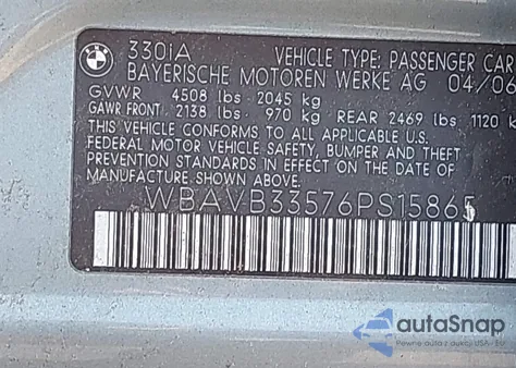 2006 BMW 330 I из США, поврежденный, VIN WBAVB33576PS15865